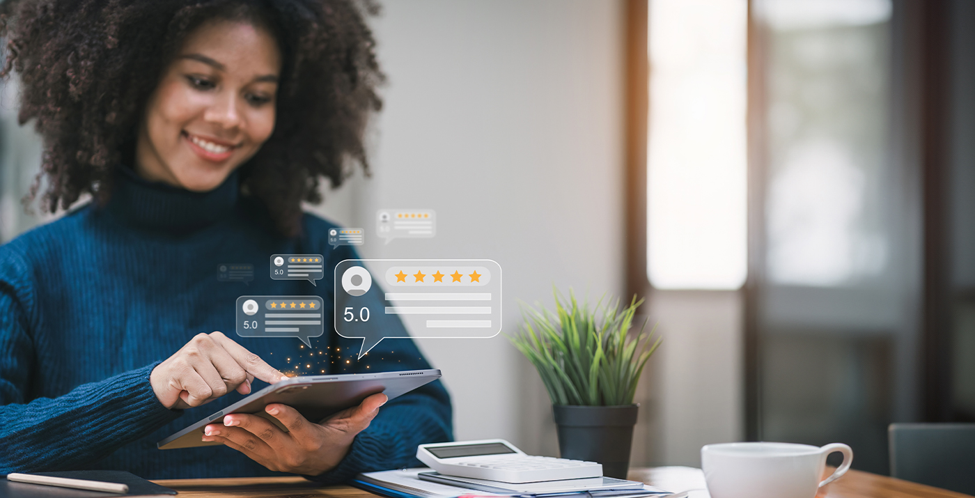 customer leaving a positive review after a successful purchase